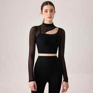 เสื้อโยคะแขนยาวแบบไหล่เฉียง ดีไซน์โปร่ง ระบายอากาศ แห้งเร็ว เป็นมิตรกับสิ่งแวดล้อม เซ็กซี่ ผ้าตาข่าย เหมาะสำหรับออกกำลังกาย เต้น และเล่นกีฬา - Product Image 1