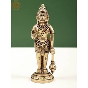 Estatua de Hanuman de latón de 5 pulgadas hecha a mano pequeña escultura de bendición hecha en India - Product Image 1