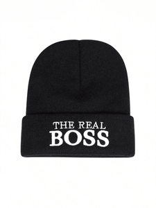 The Real Boss Bonnet brodé unisexe, style décontracté, noir, blanc, gris, 56-58CM, en acrylique tricoté - Product Image 2