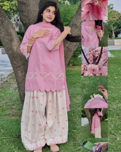 <b>Women</b> Traditional Silk Wrinkle Free All Seasons <b>Kurta</b> Set Embroidered Heart Design Pink Top Cream Farshi Salwar Dupatta Casual - Product Image 3
