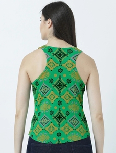 Débardeur pour femme à imprimé géométrique vert, col rond, décontracté, respirant, tricoté, sans manches, 100% polyester - Product Image 6