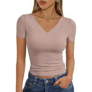 FOXA 2025 verano básico cuello en V Slim Fit Crop camiseta para mujeres con mangas cortas estilo Y2K - Product Image 1