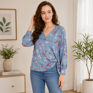 Robe en satin à imprimé floral bleu de qualité supérieure pour femmes, col en V, manches bouffantes, coupe ample décontractée, printemps-été - Product Image 4
