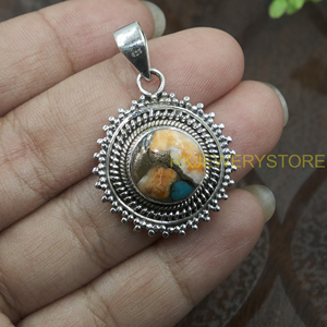 925 Sterling Silver Orange Copper Turquoise Pendant Round Vintage Boho Handmade Statement Jewelry Gift for Women <b>Girlfriend</b> her - Product Image 6