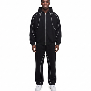 Ensemble sweat à capuche et pantalon large imprimé noir mi-lourd 2 pièces pour homme avec passepoil personnalisé 100 % coton – OEM - Product Image 1