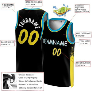 Maillot de basket personnalisé noir et jaune à manches courtes en mesh respirant et à séchage rapide, unisexe, coupe classique, 100% coton - Product Image 5