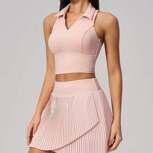 <b>Ladies</b> Cross Back Custom Sleeveless Ribbed Bottom <b>Polo</b> Collar Gym Wear Workout Casual Crop T-Shirt Yoga Wear Plain <b>Top</b> - Product Image 3