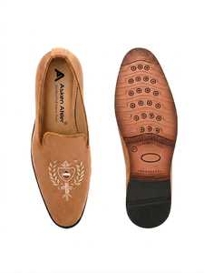 Asken Atelier Premium Men's Tan Brown Velvet High Top <b>Shoes</b> <b>Embroidered</b> Crest Design Breathable Anti-Slip Slip-On Genuine - Product Image 2