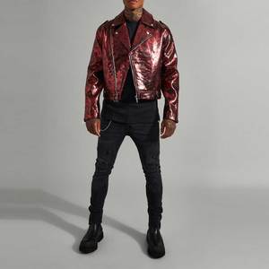 Blouson en cuir pour homme, tendance et stylé, couleur unie, style urbain, décontracté, multicolore, avec logo personnalisé, blouson de motard de créateur - Product Image 3