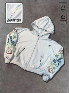 Sweat-shirts à capuche zippés pour hommes en molleton 100% coton, imprimés de strass multicolores personnalisés, style streetwear oversize, avec logo frontal OEM - Product Image 3