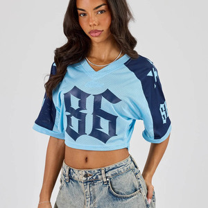 <b>Top</b> Selling Custom Logo Light Blue Varsity T-Shirt With Navy Sleeve Panelling Midweight <b>Mesh</b> Fabric V-Neck T Shirts For <b>Women</b> - Product Image 1