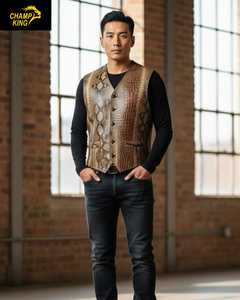 Gilet en cuir exotique premium pour homme, motif python, avec ceinture arrière classique réglable. - Product Image 1