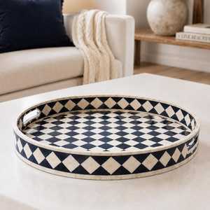 Table basse ronde artisanale unique en os incrusté avec plateau de rangement et incrustation mosaïque haut de gamme pour une présentation décorative et un usage quotidien - Product Image 1