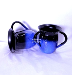 Judaica Ritual <b>Blue</b> <b>Glitter</b> Enamel Double Handle Stainless Steel Handcrafted Spring Foliage Pattern Hand Washing Mug Jewish - Product Image 1
