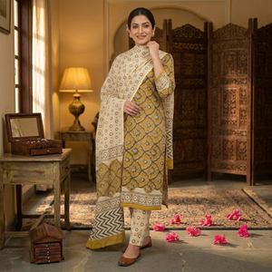 Conjunto de Pijama Kurti Sarong de Algodón con Estampado Floral Blanco y Amarillo |   Ropa de Playa para Mujer de Alta Calidad con Estampado Artesanal |   Ropa Casual Étnica para Estar en Casa - Product Image 5