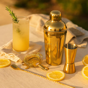 Ensemble de bar en acier inoxydable de qualité supérieure, 4 pièces, couleur or, comprenant un shaker à cocktails de 750 ml, un jigger de 30/60 ml, une cuillère et un passoire pour bar à domicile - Product Image 1