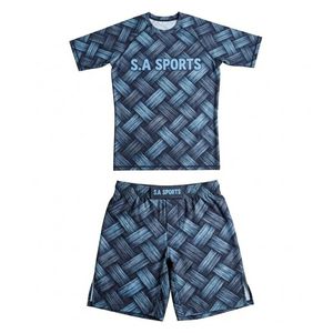 Conjuntos de Rash Guard MMA y Camisetas de Entrenamiento de Kickboxing de Alta Elasticidad con Estampado a Cuadros Tejidos en Gris Acero, Directo de Fábrica - Product Image 1