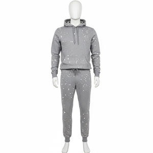 mens grey <b>paint</b> splatter tracksuit hooded pullover hoodie and cuffed jogger pants <b>set</b> casual fleece activewear winter two piece - Product Image 5