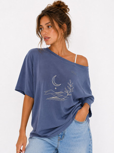 Camiseta informal de playa para mujer, oversize, cuello ancho, amarillo y gris, hombros descubiertos, con gráfico personalizado, de algodón, con logo bordado, para resort. - Product Image 4