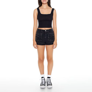 Shorts pour femmes les plus vendus, vêtements de sport, shorts en denim noir de haute qualité, écologiques, taille haute, avec poches à rabat, logo personnalisé OEM - Product Image 5