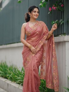 Sari de Seda Rosa Elegante de NiMa Creations con Bordado Floral, de Secado Rápido, para Bodas y Fiestas, Corte Regular, Estilo Indio - Product Image 2
