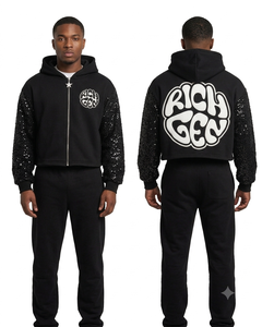 เสื้อฮู้ดครอปผู้ชาย Rich Gen แบบมีซิปด้านหน้าและด้านหลัง โลโก้ปักเลื่อมที่แขน สไตล์สตรีทแวร์ ผ้าฟลีซทรงโอเวอร์ไซส์ เสื้อฮู้ดสำหรับฤดูใบไม้ร่วง - Product Image 3