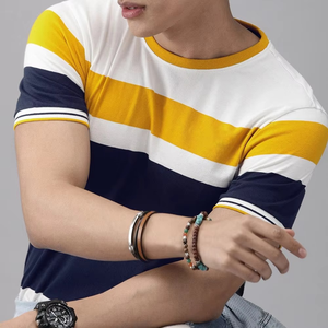 เสื้อยืดผ้าฝ้ายลายทางบล็อกสีสำหรับผู้ชาย แขนสั้นลำลอง แฟชั่นฤดูร้อน ระบายอากาศได้ดี สวมใส่สบาย สตรีทแวร์ คอกลม - Product Image 5