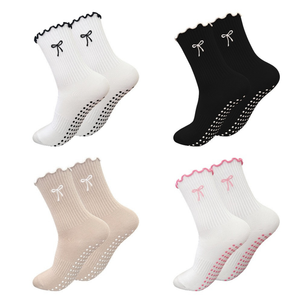 Wholesale Custom <b>Bow</b> Yoga Socks Female Embroidery Gym Fitness Cotton Crew Non-Skid Cotton Crew Grip Socks Pilates Socks - Product Image 1
