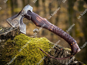 Hand Forged Carbon Steel Acid Etched Viking Bearded <b>Axe</b> with Wooden Handle Leather Grip Outdoor Camping Collector's <b>Axe</b> OEM - Product Image 5