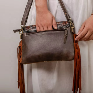 Sac bandoulière vintage pour femme en cuir véritable avec franges et pompons, marron et blanc, résistant à l'eau - Product Image 2