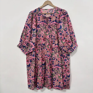 Vestido Casual Midi para Mujer, Tejido 100% Algodón, Liso, Manga Corta, Cintura Imperio, Estilo Babydoll, Cuello en V, Holgado, Funcional - Product Image 3