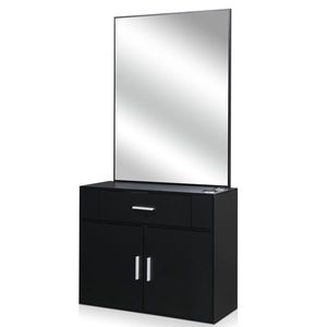 Mobile da Salone Nero con 1 Cassetto e 1 Anta con Specchio, Top in Lino e Pannello in Truciolato E0 al 15% - Product Image 1
