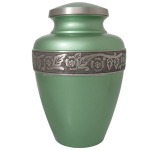 Urne funéraire en métal d'aluminium massif de haute qualité gravée couleur verte pour adultes pour les funérailles par Ambience Lifestyle - Product Image 1