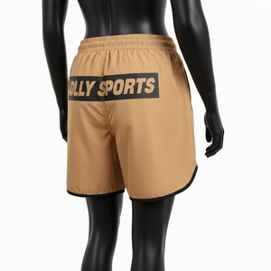 Shorts coupe-vent pour femmes en polyester beige et noir avec panneaux latéraux, broderie personnalisée, logo par transfert thermique - Product Image 5