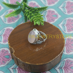 Natural Rose Quartz Oval Cabochon <b>Ring</b> 925 Sterling Silver Handmade Statement Healing <b>Crystal</b> Wide Band Boho Vintage Design Her - Product Image 4