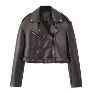 2026 Spring Fashion Custom Women's Motorbike Crop Leather Jacket Short Length <b>Zipper</b> <b>Waterproof</b> Button Washed Techniques - Product Image 1