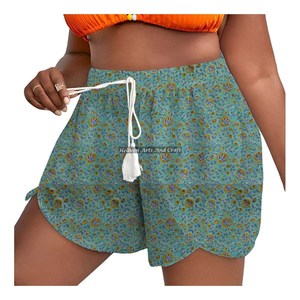 New Women's Rope Drawstring Waist Wrap Shorts Floral Block Print Relaxed Fit Cotton Hand Block Printed Women's Rope Drawstring - Product Image 4