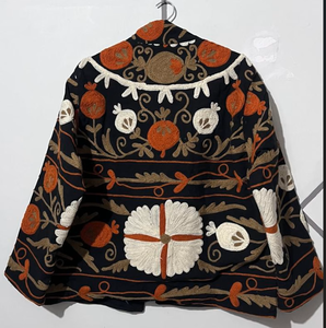 Sujani Leather Bomber <b>Jacket</b> Reversible Floral Design Autumn Stand Collar - Product Image 2