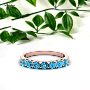 Anillo de media eternidad con topacio azul suizo natural de 3 mm, corte redondo, en oro rosa de 14 quilates, joyería apilable para boda, talla US-5.5 - Product Image 3