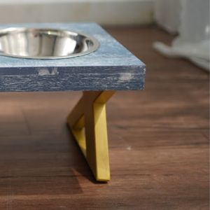 Bol double pour chien et chat XL, écologique, en acier inoxydable épaissi, plateau en bois bleu pierre, pieds en métal doré, forme rectangulaire - Product Image 5