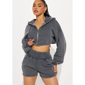 Custom Plus Size Women's Acid Wash Crop Zip Hoodie Sweat Shorts <b>Set</b> 360GSM Heavyweight Polyester/Cotton Regular Summer Casual - Product Image 4