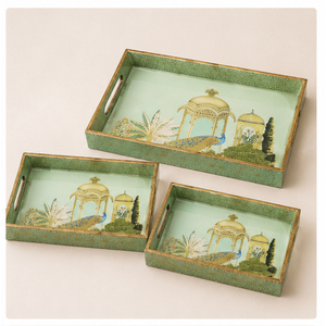 Ensemble de 3 plateaux de service en bois artisanaux de luxe, style Mughal, avec motifs traditionnels de paon et de palais, décoratifs et imbriqués - Product Image 6