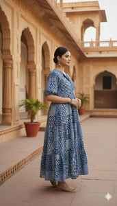 Vestido Maxi Azul Marino con Estampado Artesanal, Vestido Largo de Algodón con Volantes, Manga Abullonada, Estilo Étnico Bohemio, Vestido de Verano, Artesanía India Festiva - Product Image 3