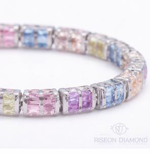 Multi color diamond tennis <b>bracelet</b> in 18K white gold princess cut lab grown diamonds vibrant spectrum contemporary luxury - Product Image 3