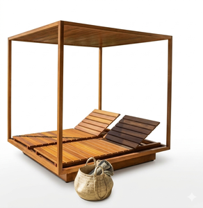 Chaise longue moderne en teck avec auvent, résistante aux UV, pour extérieur, patio et bord de piscine - Product Image 3