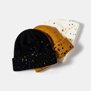 Unisex Speckled Knit Beanie Hat 100% Acrylic Cuffed <b>Winter</b> <b>Cap</b> Casual Style for Adults Black Yellow White Dot Pattern - Product Image 3