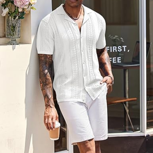 Chemises en tricot pour hommes, style vintage, manches courtes, boutonnées, décontractées, pour l'été, la plage, les vacances - Product Image 4