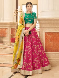 Pink Floral Print Ethnic <b>Shawl</b> Art Silk Dupatta Banarasi Style <b>Wedding</b> Party Wrap - Product Image 1
