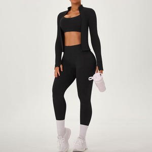 Ensemble de yoga 2 pièces pour femme : Leggings taille mi-haute et crop top, noir uni, sans couture, respirant, antibactérien, tenue d'entraînement longue - Product Image 3