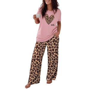 Conjunto de Pijama de Verano y Primavera para Mujer, Manga Corta, Cuello Redondo, Algodón Suave, Casual, Cintura Elástica Completa - Product Image 1